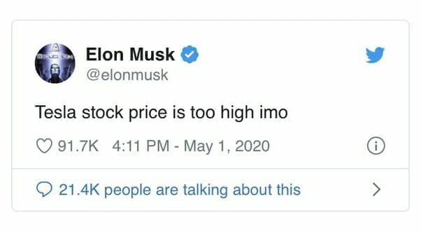Was Elon Musk's latest tweet about Tesla stock's price being too high illegal? - Quora