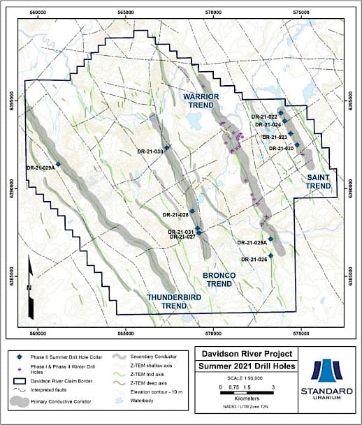 Figure 1. Plan map highlighting Summer 2021 Phase II drill holes warranting follow-up at the Davidson River.