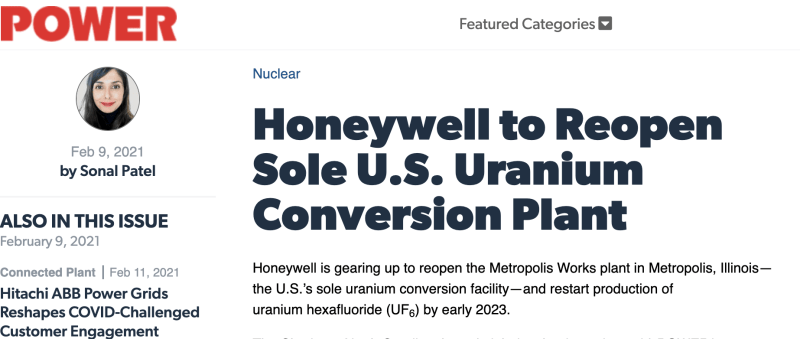Power Article - Honeywell to reopen sole U.S. uranium conversion plant