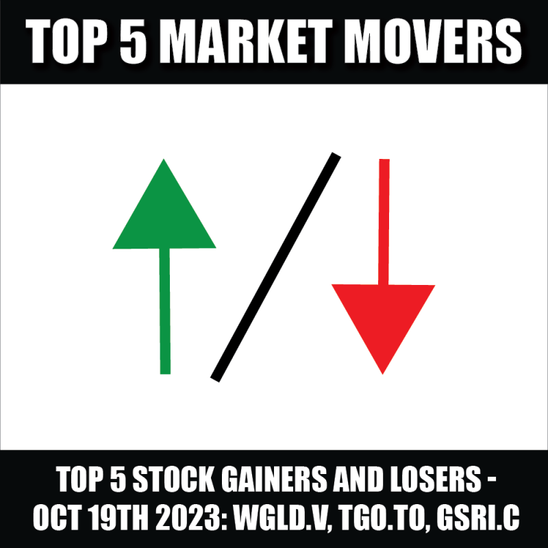 Top 5 stock gainers and losers WGLD.V, TGO.TO, GSRI.C